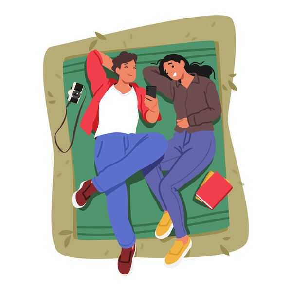 Романтическая сцена пикника с парой персонажей, лежащих на одеяле, наслаждаясь компанией друг друга с точки зрения сверху вниз. Спокойный, интимный и мирный день на открытом воздухе. Вектор карикатурных людей