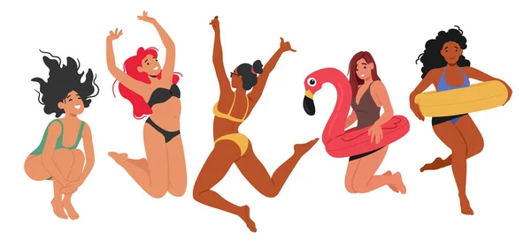 Щасливі Прекрасні Жінки Сміються Стрибають Барвистих Плавальних Костюмах Прославляючи Свободу — стоковий вектор