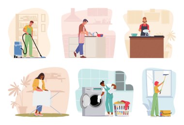 Daily Household rutinlerini yapan karakterler. Temizlik, yemek pişirme, temizlik, çamaşırhane ve bakım evi sakinleri için rahat bir ortam yaratma. Çizgi film İnsanları Vektör İllüstrasyonu