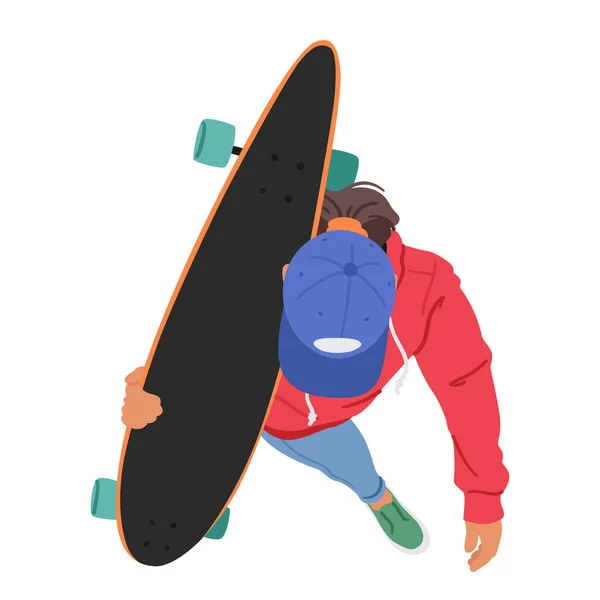 10代の女性キャラクターのトップビューは自信を持ってスケートボードで歩く彼女の肩の上にカジュアルに休みます 彼女の独立した冒険的な精神を示します 漫画人ベクトルイラスト — ストックベクタ