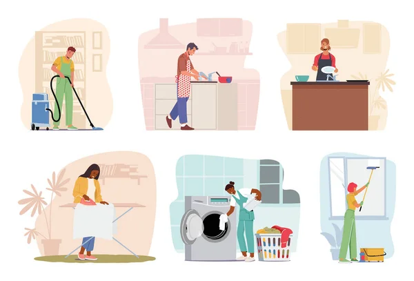 Daily Household Rutinlerini Yapan Karakterler Temizlik Yemek Pişirme Temizlik Çamaşırhane — Stok Vektör