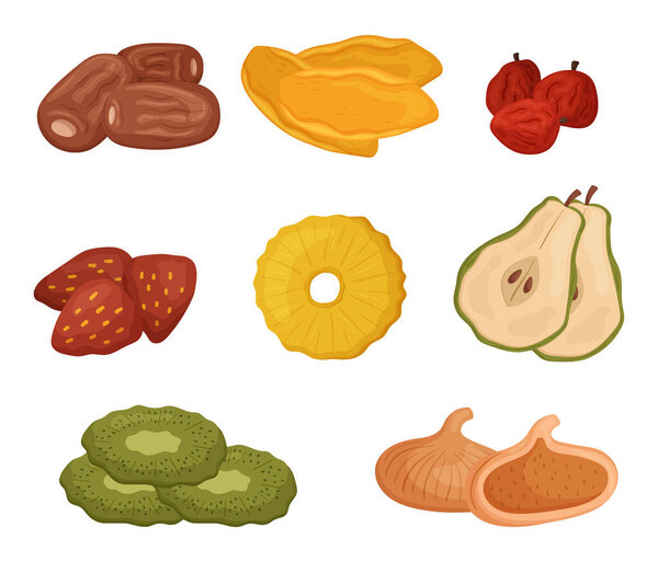 Set of Dried, Candied Fruits and Berries. Figs, Mango, Cherry and Strawberry. Pineapple, Pear, Kiwi and Dates Isolated Healthy Food on White Background. Cartoon Vector Illustration