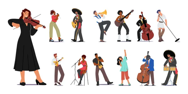 Набор Мужских Женских Музыкальных Персонажей Люди Играют Скрипке Гитаре Трубе — стоковый вектор