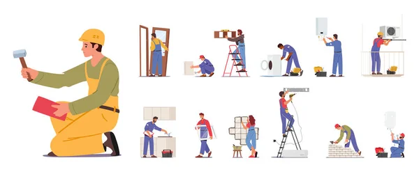 캐릭터들의 Repair Home Provide Professional Services Plumbing Electrical Work Painting — 스톡 벡터