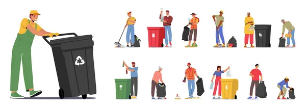 Müllabfuhr Set Vorhanden Charaktere Sammeln Und Entsorgen Von Abfallstoffen Auf — Stockvektor