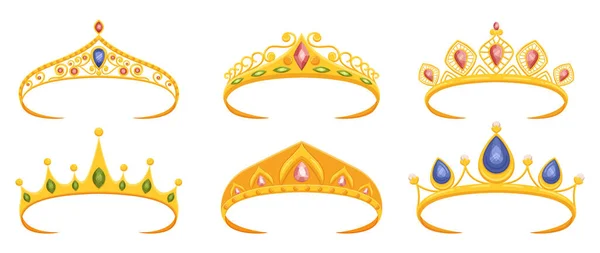一套皇家皇冠 镶嵌着珍贵的宝石 象征着优雅和奢华 适合女王和公主 散发着永恒的美丽和高贵的魅力 卡通矢量图解 — 图库矢量图片