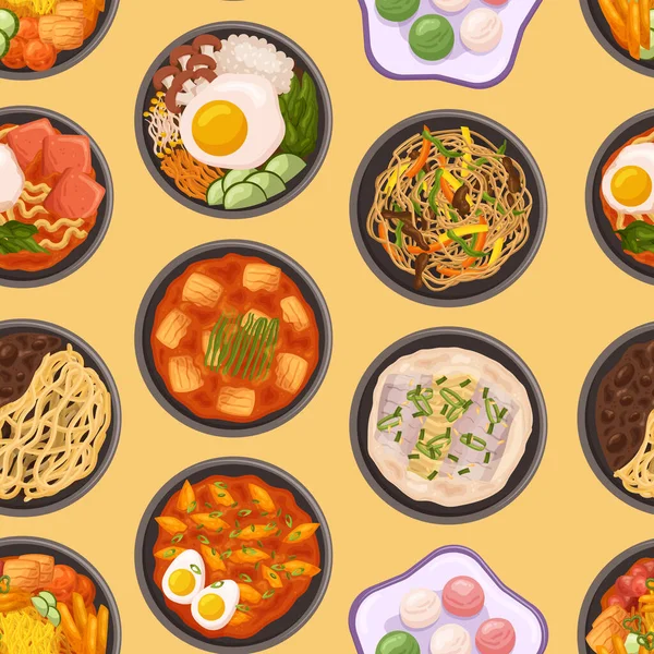 Vibrant Seamless Pattern Showcasing Various Delectable Korean Dishes Bursting Flavors — 스톡 벡터