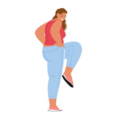 Büyük boy kız karakter çeşitli spor faaliyetlerine katılıyor, engelleri aşıyor ve toplumsal normlara meydan okuyor, her boyutta sağlık ve kendini sevmeyi teşvik ediyor. Çizgi film İnsanları Vektör İllüstrasyonu