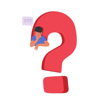 Geniş Soru İşareti, Cevaplar ve Açıklık Aranıyor, Beyaz Arkaplanda İzole Edilmiş Düşünme ve Arama Çözümleri İçin Konuşma Baloncuğu İçinde Meraklı Erkek Karakteri. Çizgi film İnsanları Vektör İllüstrasyonu