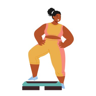 Büyük boy siyah kadın karakterleri engelleri aşıyor, spor yapmayı kucaklıyor ve sağlıklı ve aktif bir yaşam tarzını sürdürmek için azmi ve gücüyle diğerlerine ilham veriyor. Çizgi film Vektör İllüstrasyonu