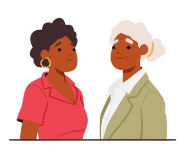 Genç ve yaşlı kadın karakterler gururla yan yana durur, farklı nesiller ve aralarında paylaşılan bilgelik arasındaki bağı sembolize ederler. Çizgi film İnsanları Vektör İllüstrasyonu