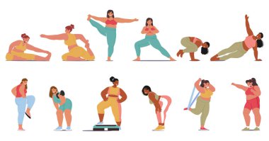 Büyük boy kızlar, özgüven ve güçle yoga yaparlar, vücudu ve yeteneklerini kucaklarlar, fiziksel zindelik ve güzellik standartlarını hiçe sayarlar. Çizgi film İnsanları Vektör İllüstrasyonu