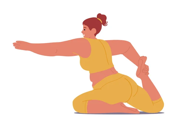 Size Vrouw Karakter Praktijken Yoga Omarmend Haar Lichaamskracht Flexibiliteit Breaking — Stockvector