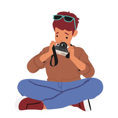 Fotoğraf makineli genç fotoğrafçı çocuk karakteri, yaratıcılığı keşfeden, ve lenslerle anıları ölümsüzleştiren, fotoğrafçılık dünyasında gelişen bir yetenek. Çizgi film İnsanları Vektör İllüstrasyonu