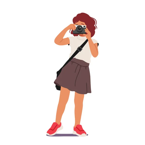 写真カメラで瞬間をキャプチャする精力的な子供 レンズを通して周囲を探索し 思い出を保存する少女キャラクター 孤立した子供写真家 漫画人ベクトルイラスト — ストックベクタ