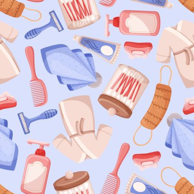 Havlular, sabunluklar, fırçalar ve lif lifleri gibi çeşitli banyo aksesuarları içeren kusursuz desenler banyo dekorasyonu için canlı ve şık bir tasarım yaratıyor. Çizgi film Vektör İllüstrasyonu