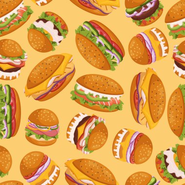 Fast food tutkunları ve restoran markaları için mükemmel, eğlenceli ve çekici bir tasarıma sahip farklı hamburgerlerle canlı ve lezzetsiz bir desen. Çizgi film Vektör İllüstrasyonu