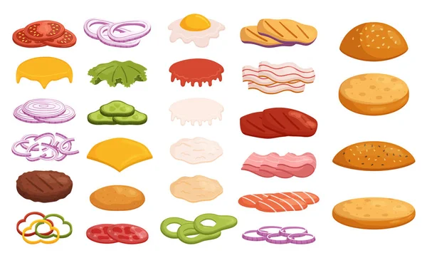 Assortiment Appétissant Ingrédients Pour Hamburgers Compris Une Galette Boeuf Juteuse — Image vectorielle
