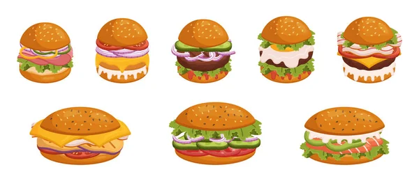 Ensemble Hamburgers Avec Une Variété Saveurs Délicieuses Garnitures Combinaison Satisfaisante — Image vectorielle