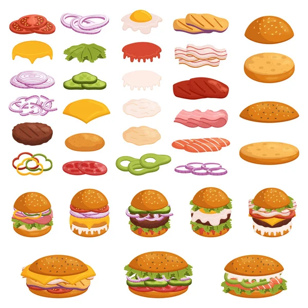 Zestaw Burger Składniki Świeże Aromatyczne Warzywa Soczyste Patty Wołowina Chrupiąca — Wektor stockowy