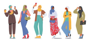Modern Müslüman Kadın Karakterleri, modern eğilimleri benimseyip, klişeleri yıkarak, inançlarını özgüvenle benimserler. Çizgi film Vektör İllüstrasyonu