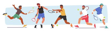 Erkekler, çeviklik, beceri ve Stratejik Cesaret sergileyerek tenis kortunda şiddetle yarışıyorlar. Erkek karakterler, hızlı ayak hareketleri ve hassas atışlar heyecan verici eşleşmeler yaratır. Çizgi film Vektör İllüstrasyonu