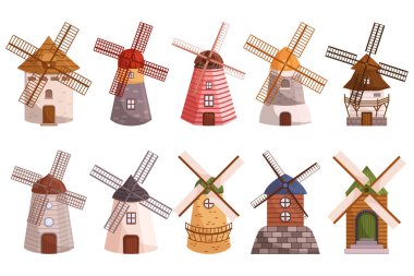 Beyaz arka planda yel değirmeni seti izole edildi. Dönen bıçaklarla yükselen yapılar, Yenilenebilir enerji veya öğütücü buğday üretmek için rüzgarın gücünü kullanmak. Çizgi film Vektör İllüstrasyonu