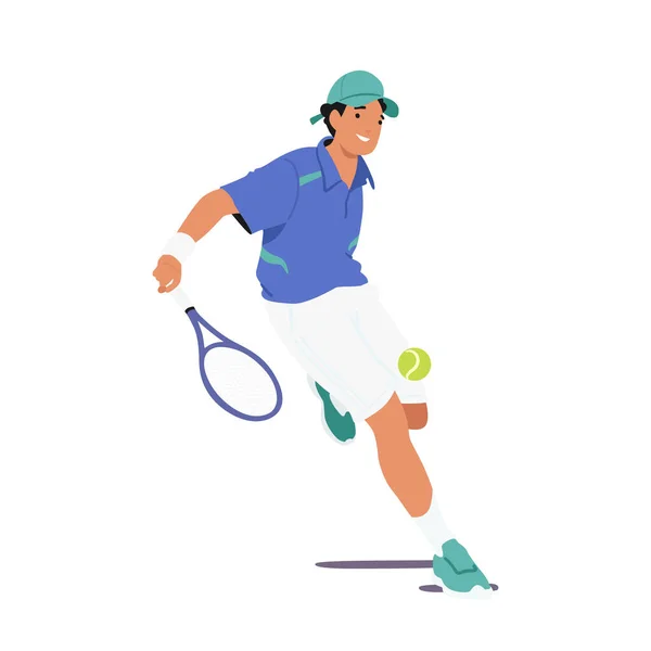 Personaggio Sportivo Impegna Gioco Spiritoso Tennis Giovane Con Racchetta Palla — Vettoriale Stock