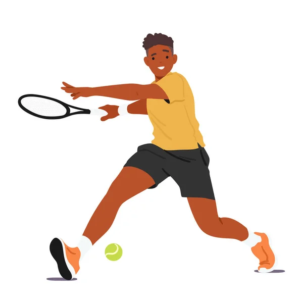 Black Man Character Gracefully Swings Racket Abilmente Manovrare Palla Tennis — Vettoriale Stock