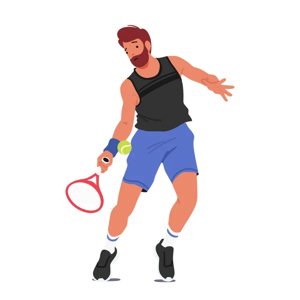 Mature Male Character Swings Racket Hits Ball Net 선수인 테니스 — 스톡 벡터