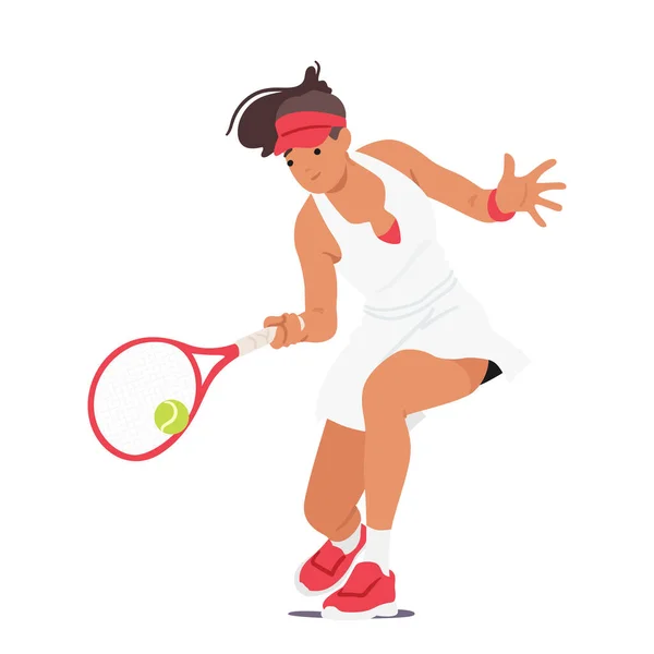 女性は優雅にテニスをプレイします 彼女はサービスとして敏捷性と精度を表示します ラリー そして 決定とスキルを競います 裁判所の女性キャラクター 漫画人ベクトルイラスト — ストックベクタ