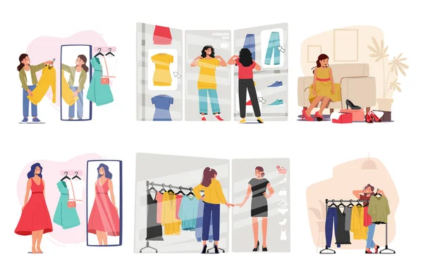 Set Van Vrouwelijke Shopper Personages Browsing Clothes Racks Proberen Verschillende — Stockvector