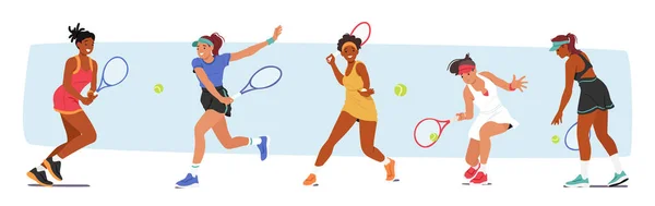Personaggi Delle Donne Giocare Tennis Visualizzazione Notevole Atletismo Abilità Competono — Vettoriale Stock