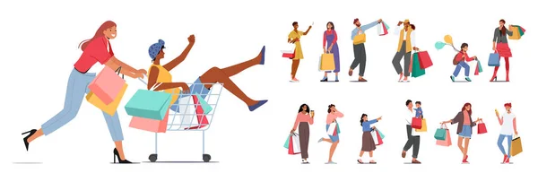 Charaktersatz Der Einkaufstaschen Trägt Und Konsumerismus Und Einzelhandelstherapie Symbolisiert Menschen — Stockvektor