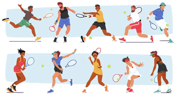 Conjunto Personagens Masculinos Femininos Envolvem Tênis Esporte Popular Jovens Mulheres — Vetor de Stock