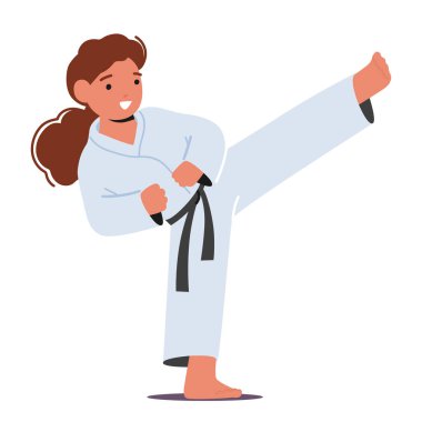 Karateci kız karakteri, azimli, disiplinli ve azimli çocuk kendini savunma sanatında ustalaşıyor, her hareketinde gücünü ve bağlılığını gösteriyor. Çizgi film İnsanları Vektör İllüstrasyonu
