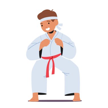 Kararlı Genç Karate Dehası Karakteri, Disiplin Ustası ve Sıkı Eğitimle Odaklanma, Etkileyici Yetenekler ve Dövüş Sanatları Tutkusu. Çizgi film İnsanları Vektör İllüstrasyonu