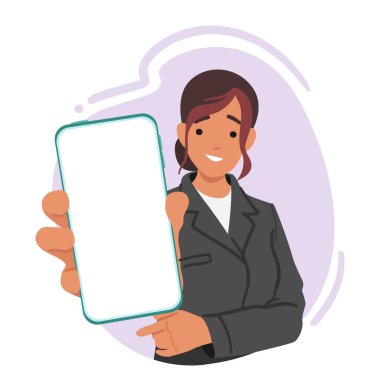 Resmi Giysili Zarif Genç Kadın Akıllı Telefon Ekranı Gösteriyor. Kadın Karakteri, büyüleyici bir gülümseme ve mesleki davranışla kendine güvenen bir bilgi sunuyor. Çizgi film Vektör İllüstrasyonu