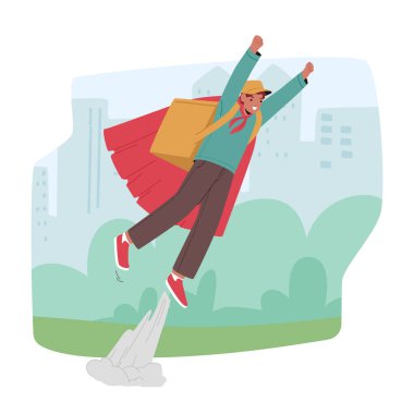 Kurye Süper Kahraman Karakteri Verimli Teslimat Hizmeti sağlar. Hızlı ve zamanında Paket ve Paket sevkiyatı sağlar. Malların hızlı ve güvenli bir şekilde taşınması. Çizgi film İnsanları Vektör İllüstrasyonu