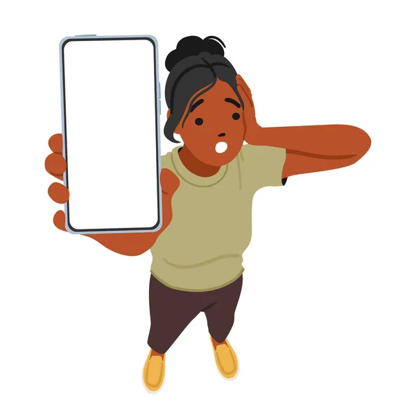 Endişeli Siyah Kadın Karakteri Akıllı Telefon Tutuyor Ekranı Gösterirken Yüzünü — Stok Vektör