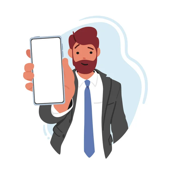 Personagem Empresário Mostrando Smartphone Com Uma Tela Branco Pronto Para — Vetor de Stock