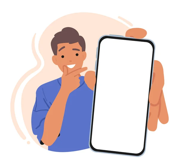 Pensive Man Visar Smartphone Screen Manlig Karaktär Dela Information Eller — Stock vektor