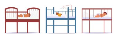 Bebek karakterler, yumuşak bir yatak ve rahat bir ortam ile çevrili, dinlenmek ve rahatlamak için güvenli ve rahat bir yer sağlayan güvenli bir yerde huzur içinde uyurlar. Çizgi film İnsanları Vektör İllüstrasyonu