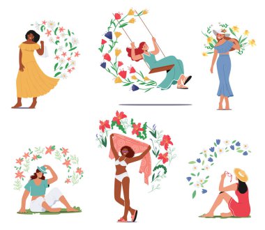 Göz kamaştırıcı kadınlar çiçek açan yaz kıyafetleriyle süslenmiş genç kadın karakterler canlı ve doğal güzelliğin ışıl ışıl ışıl havasını yayıyorlar. Çizgi film İnsanları Vektör İllüstrasyonu