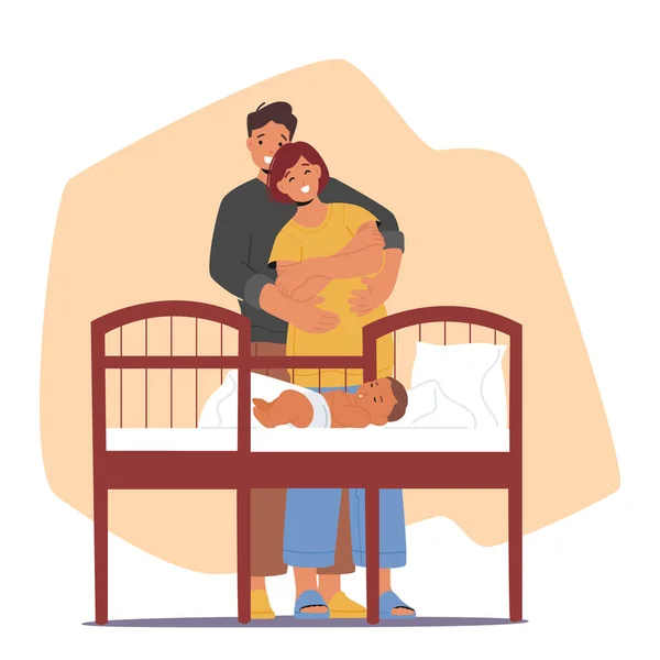 快乐的父母凝视着他们安详地睡在床上的孩子 父母的角色充满了爱与满足 拥抱在婴儿床旁 卡通人物矢量图解 — 图库矢量图片