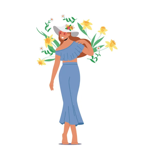 帽子の女性キャラクター ロングブルーのスカートとトップ 花の繊細な美しさに補完された活気のある夏の衣装に身を包んだ豪華な女性 漫画人ベクトルイラスト — ストックベクタ