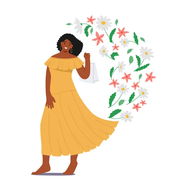 エレガントな女性の文字 カラフルな花で飾られた活気のある夏の衣装でアフリカ系アメリカ人女性 放射美しさと季節の暖かさを受け入れます 漫画人ベクトルイラスト — ストックベクタ