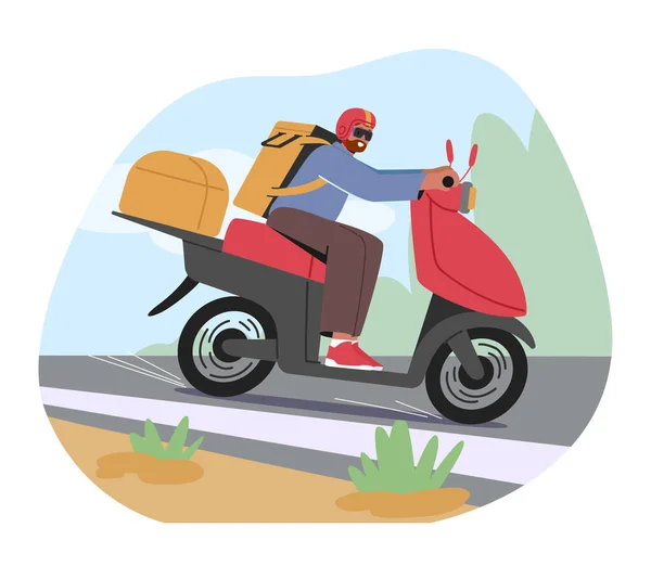 Speedy Courier Personaggio Maschile Fornisce Servizio Scooter Ciclomotore Consegna Rapida — Vettoriale Stock