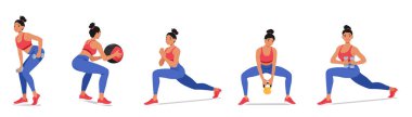 Aktif Kadın Kettle Bell, Ball, Dambıllar, Güç, Esneklik ve Dayanıklılık Gösterileri ile Fitness Faaliyetleri Yapıyor. Sağlığı destekleyen egzersizlere odaklanmış. Çizgi film Vektör İllüstrasyonu