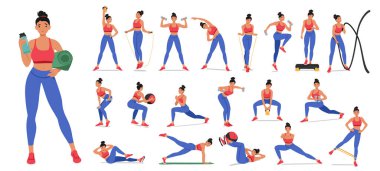 Aktif kadın spor yapıyor, halter, yoga, koşu ve kardiyo egzersizleri gibi egzersizlerle güç, esneklik ve dayanıklılık gösteriyor. Çizgi film Vektör İllüstrasyonu